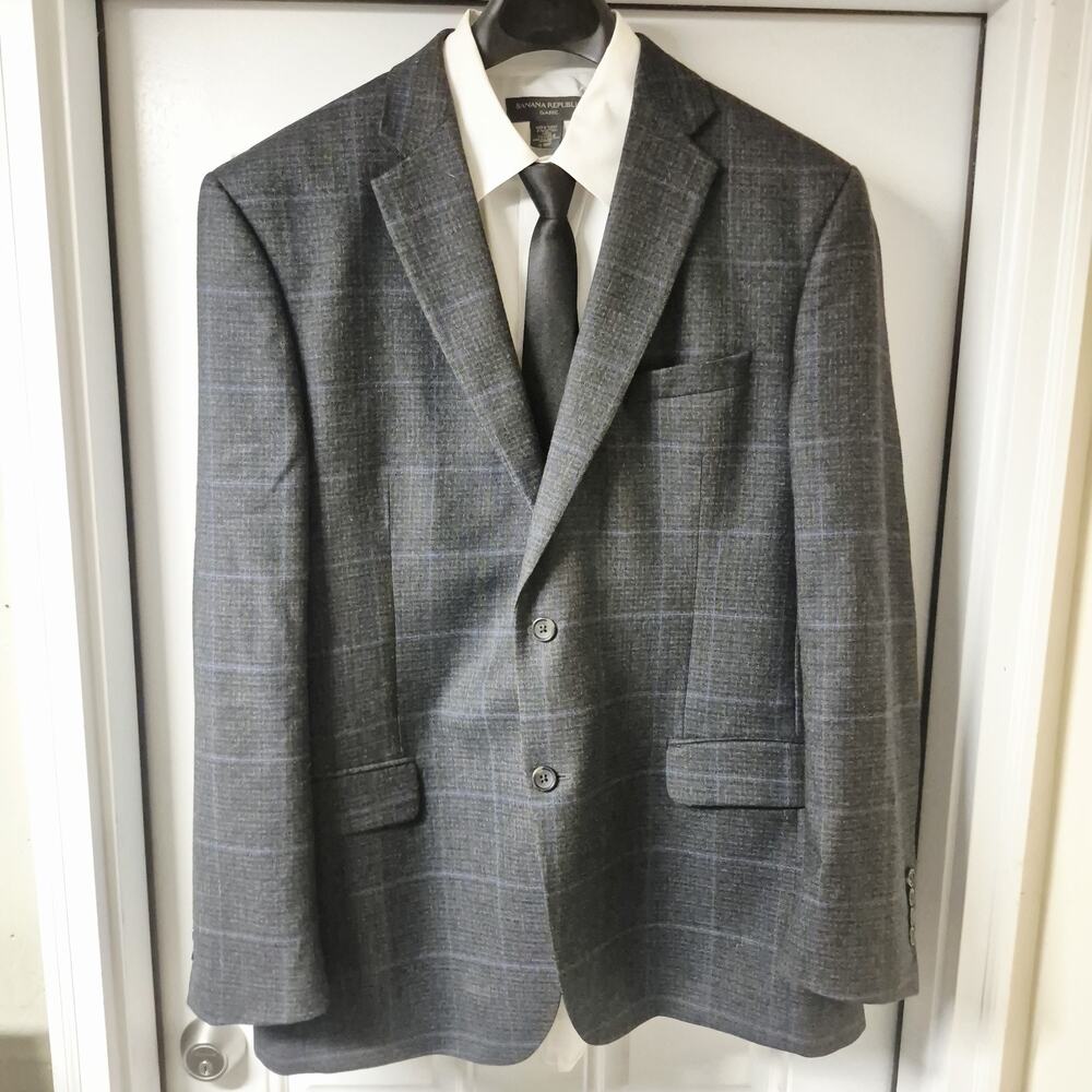 Jos A Bank Signature Blazer Mens 44L Gray Blue Plaid Wool Sport Coat Jacket